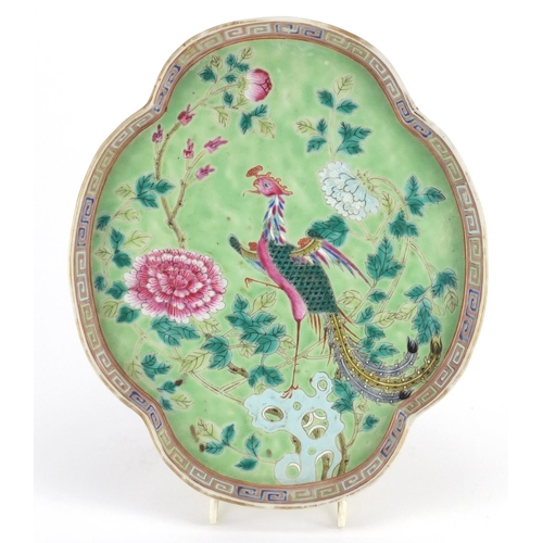 377 - Chinese Peranakan Type porcelain tray, hand painted with a phoenix amongst flowers, 26cm x 21.5cm