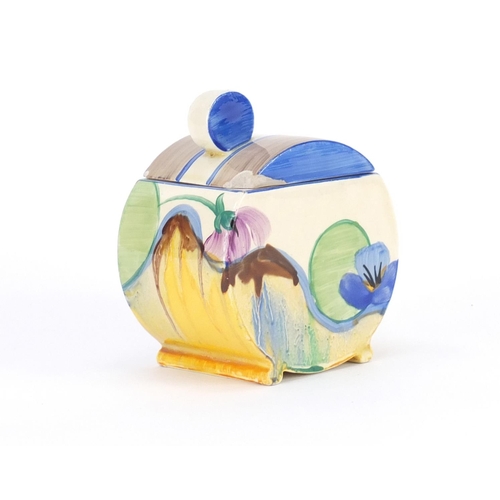 696 - Clarice Cliff Pansy Delicia jam pot and cover, factory marks to the base, 10.5cm high