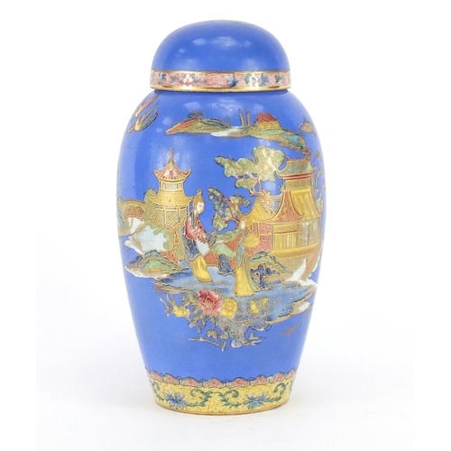 702 - Carlton Ware jar and cover, hand painted and gilded in the Temple pattern, 18cm high