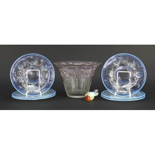 674 - 1920's and later glassware including an opalescent bird and a set of six Jobling opalescent saucers,... 