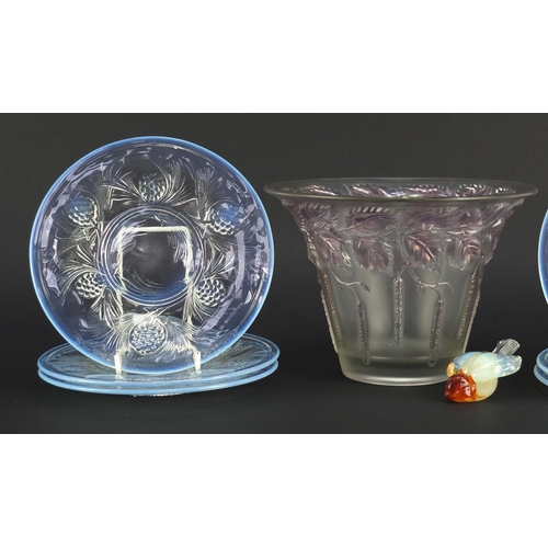 674 - 1920's and later glassware including an opalescent bird and a set of six Jobling opalescent saucers,... 