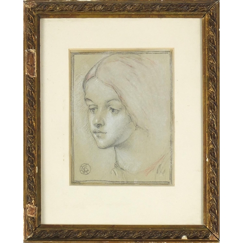 1042 - After D G Rossetti - Portrait of a female, pencil and chalk, inscribed verso, mounted and framed, 11... 