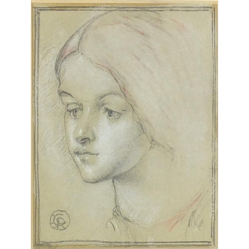 1042 - After D G Rossetti - Portrait of a female, pencil and chalk, inscribed verso, mounted and framed, 11... 