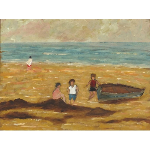 1252 - Attributed to Peggy Somerville - Children on a beach, oil on board, framed, 38cm x 20.5cm