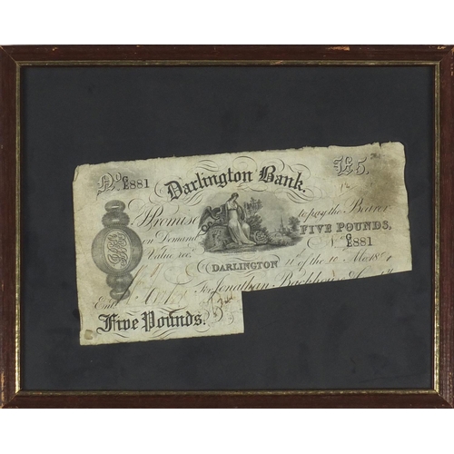 256 - Two late 19th century white five pound notes comprising Stockton on Tees, numbered AB0560 and Darlin... 