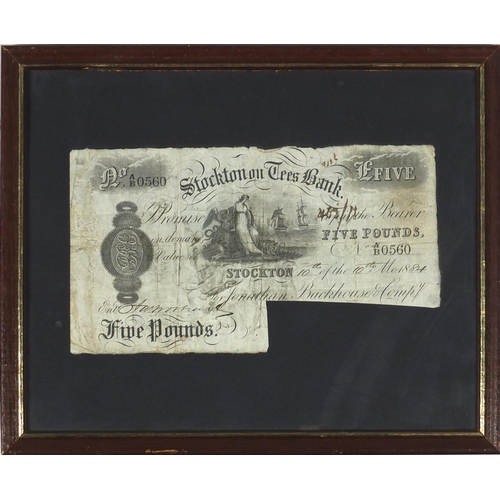 256 - Two late 19th century white five pound notes comprising Stockton on Tees, numbered AB0560 and Darlin... 