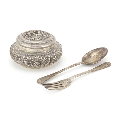 514 - Unmarked Persian silver fork and spoon and an unmarked silver circular box and cover, the fork and s... 