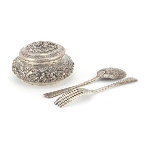 514 - Unmarked Persian silver fork and spoon and an unmarked silver circular box and cover, the fork and s... 