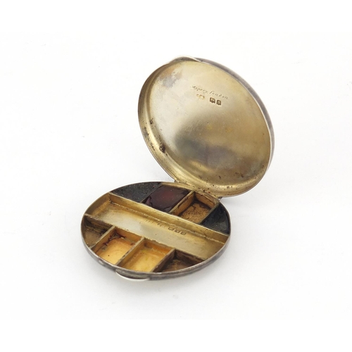 747 - Circular silver travelling paint box with hinged lid, retailed by Asprey London, by John Henry Hill ... 