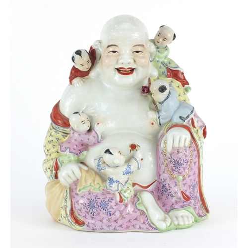 362 - Chinese porcelain happy Buddha with five children, hand painted in the famille rose palette, impress... 
