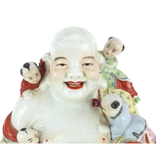 362 - Chinese porcelain happy Buddha with five children, hand painted in the famille rose palette, impress... 