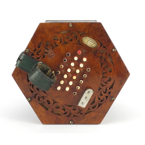 143 - Good mid 19th century burr yew forty eight button concertina by C Wheatstone of London with ivory ke... 