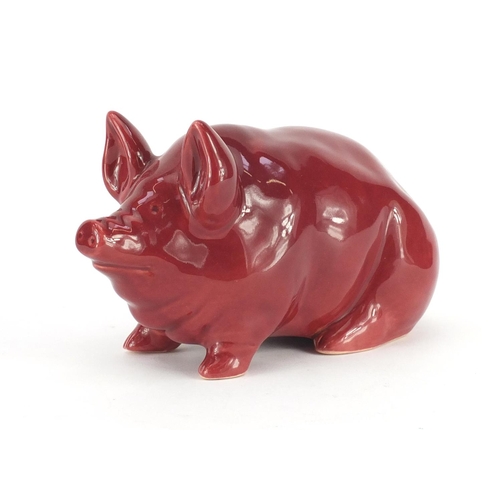 625 - Wemyss Ware pink glazed pottery pig, impressed marks to the base, 18cm in length