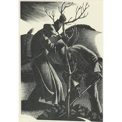 1301 - Claire Leighton - Men planting, black and white print, mounted and framed, 17.5cm x 12cm