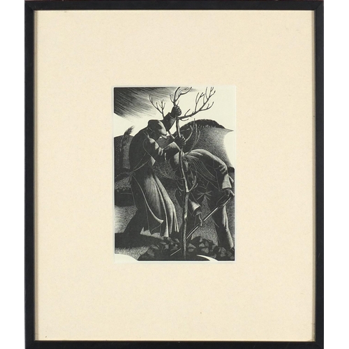 1301 - Claire Leighton - Men planting, black and white print, mounted and framed, 17.5cm x 12cm