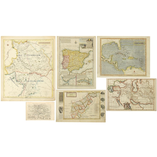 211 - Six antique maps including a map of Spain and Portugal by Emanuel Bowen and North Hamptonshire by H ... 