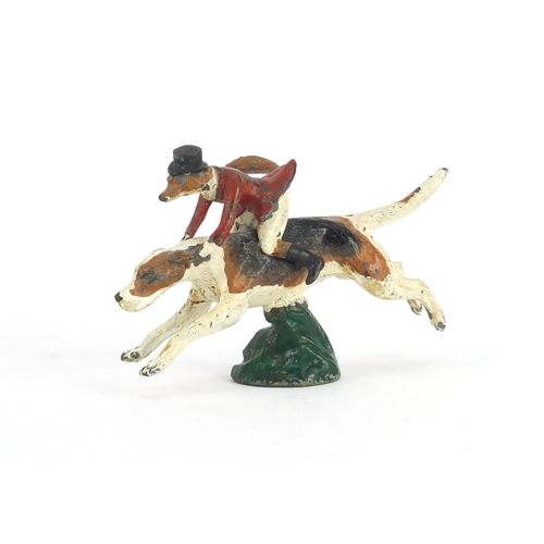 114 - Louis Lejeune cold painted car mascot in the form of huntsman fox on a hound, impressed marks to the... 