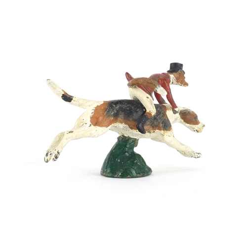 114 - Louis Lejeune cold painted car mascot in the form of huntsman fox on a hound, impressed marks to the... 