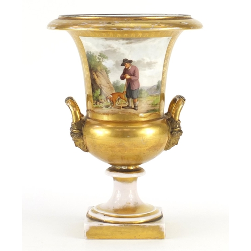 638 - 19th century French campana urn vase with twin handles by Schoelcher, finely hand painted with panel... 