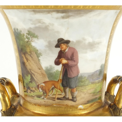 638 - 19th century French campana urn vase with twin handles by Schoelcher, finely hand painted with panel... 