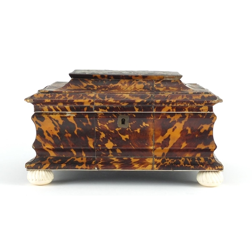 62 - 19th century tortoiseshell and ivory sewing box, the hinged lid with mother of pearl floral inlay, r... 