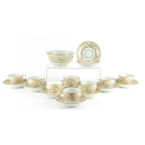 613 - 19th century Newhall gilt porcelain teaware comprising eight cups, ten saucers and a bowl, mostly nu... 