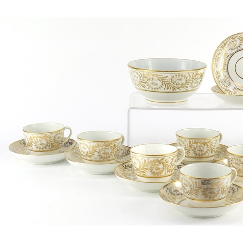 613 - 19th century Newhall gilt porcelain teaware comprising eight cups, ten saucers and a bowl, mostly nu... 