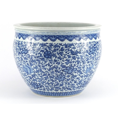339 - Chinese blue and white porcelain jardinière, finely hand painted with daoist emblems amongst flower ... 