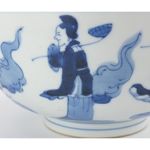 331 - Chinese Kangxi blue and white porcelain footed bowl, hand painted with eight immortals, six figure C... 