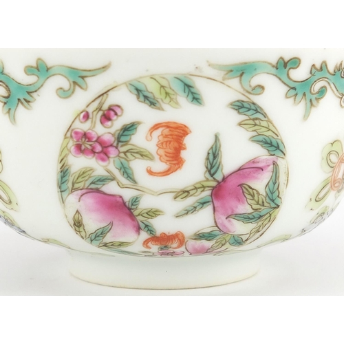 392 - Chinese porcelain footed bowl, finely hand painted in the famille rose palette with bats, peaches an... 