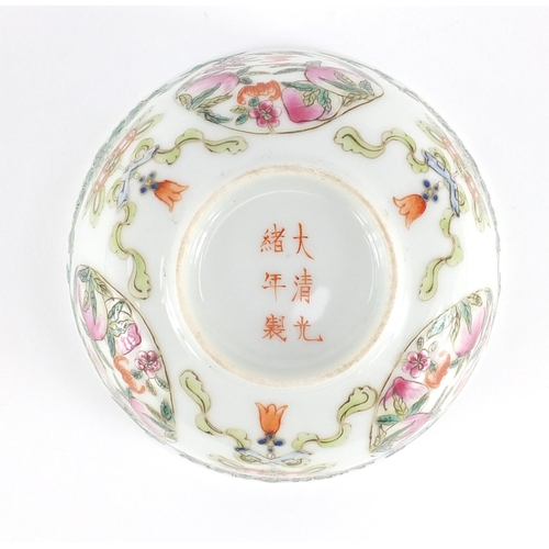 392 - Chinese porcelain footed bowl, finely hand painted in the famille rose palette with bats, peaches an... 