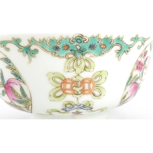 392 - Chinese porcelain footed bowl, finely hand painted in the famille rose palette with bats, peaches an... 