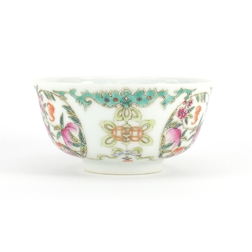 392 - Chinese porcelain footed bowl, finely hand painted in the famille rose palette with bats, peaches an... 