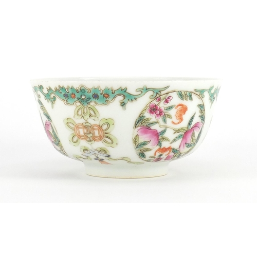 392 - Chinese porcelain footed bowl, finely hand painted in the famille rose palette with bats, peaches an... 