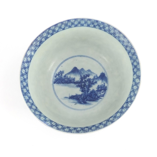 338 - Chinese blue and white porcelain bowl, hand painted with panels of mountain river landscapes, six fi... 