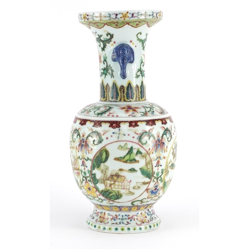 369 - Chinese porcelain vase with elephant head handles, finely hand painted in the famille rose palette w... 