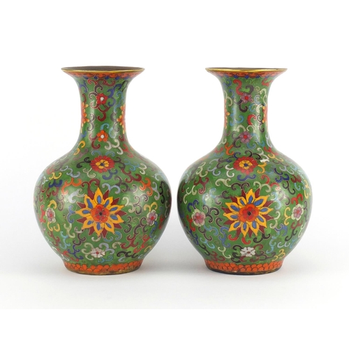 457 - Good pair of Chinese cloisonné vases enamelled with flower heads amongst foliate scrolls, character ... 