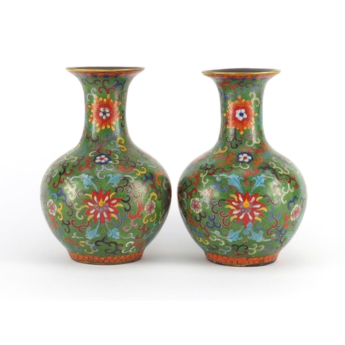 457 - Good pair of Chinese cloisonné vases enamelled with flower heads amongst foliate scrolls, character ... 