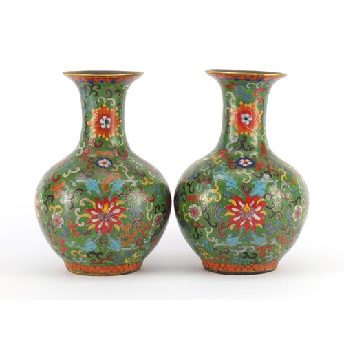 457 - Good pair of Chinese cloisonné vases enamelled with flower heads amongst foliate scrolls, character ... 