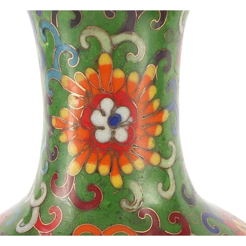 457 - Good pair of Chinese cloisonné vases enamelled with flower heads amongst foliate scrolls, character ... 