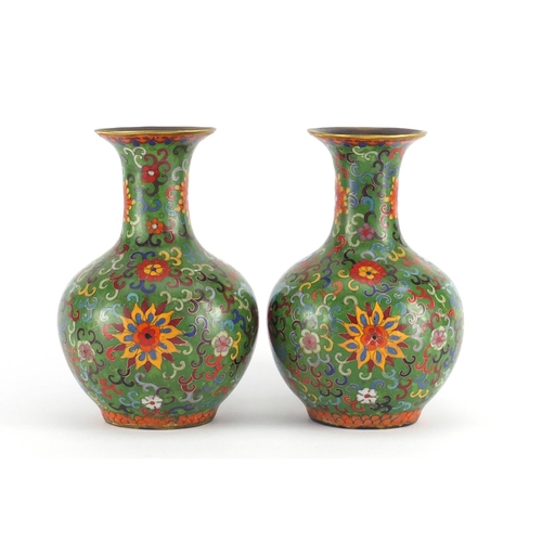 457 - Good pair of Chinese cloisonné vases enamelled with flower heads amongst foliate scrolls, character ... 