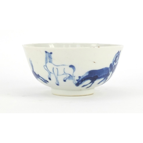 443 - Japanese porcelain footed bowl, hand painted with eight horses of Wang Mu, character marks to the ba... 