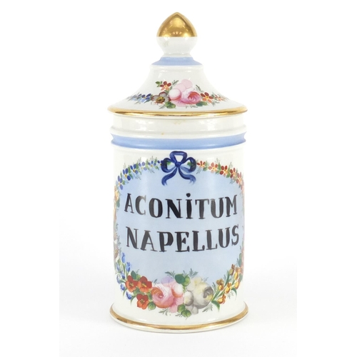 639 - 19th century French Apothecary jar and cover, hand painted with flowers, inscribed Aconitum Napellus... 