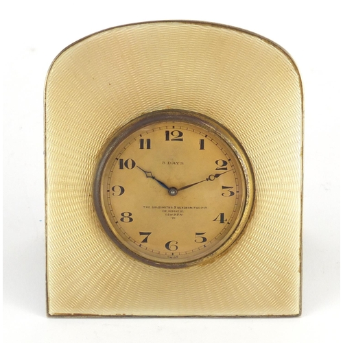 769 - Silver and guilloche enamel strut clock by The Goldsmiths & Silversmiths Company, Regent Street Lond... 