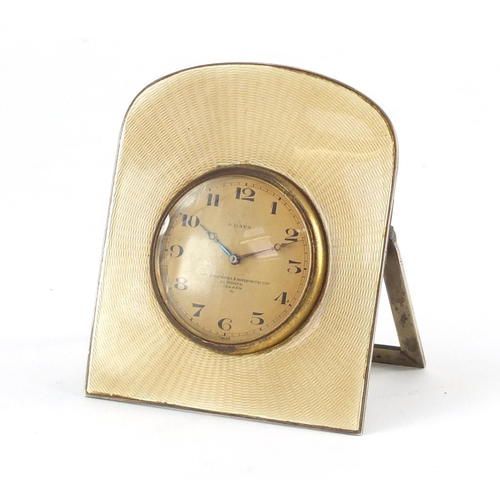769 - Silver and guilloche enamel strut clock by The Goldsmiths & Silversmiths Company, Regent Street Lond... 