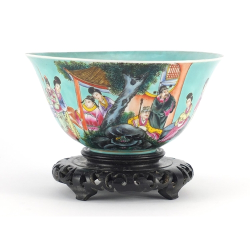 403 - Chinese porcelain turquoise ground bowl, finely hand painted with figures in a palace setting, raise... 