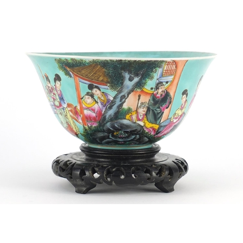 403 - Chinese porcelain turquoise ground bowl, finely hand painted with figures in a palace setting, raise... 