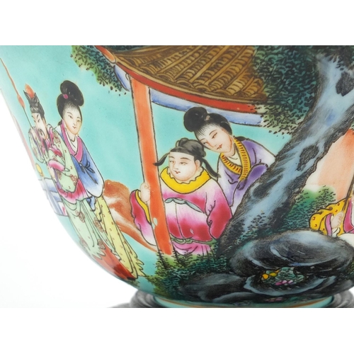 403 - Chinese porcelain turquoise ground bowl, finely hand painted with figures in a palace setting, raise... 