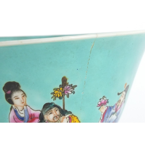 403 - Chinese porcelain turquoise ground bowl, finely hand painted with figures in a palace setting, raise... 