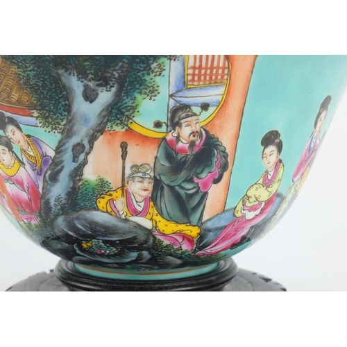 403 - Chinese porcelain turquoise ground bowl, finely hand painted with figures in a palace setting, raise... 